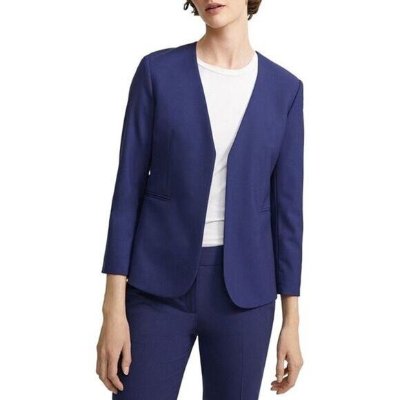THEORY Lindrayia Blazer Navy Sea Blue Size 2 Collarless Jacket Wool Business - Picture 1 of 8